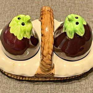 Vintage Eggplant Salt & Pepper shaker set with basket holder